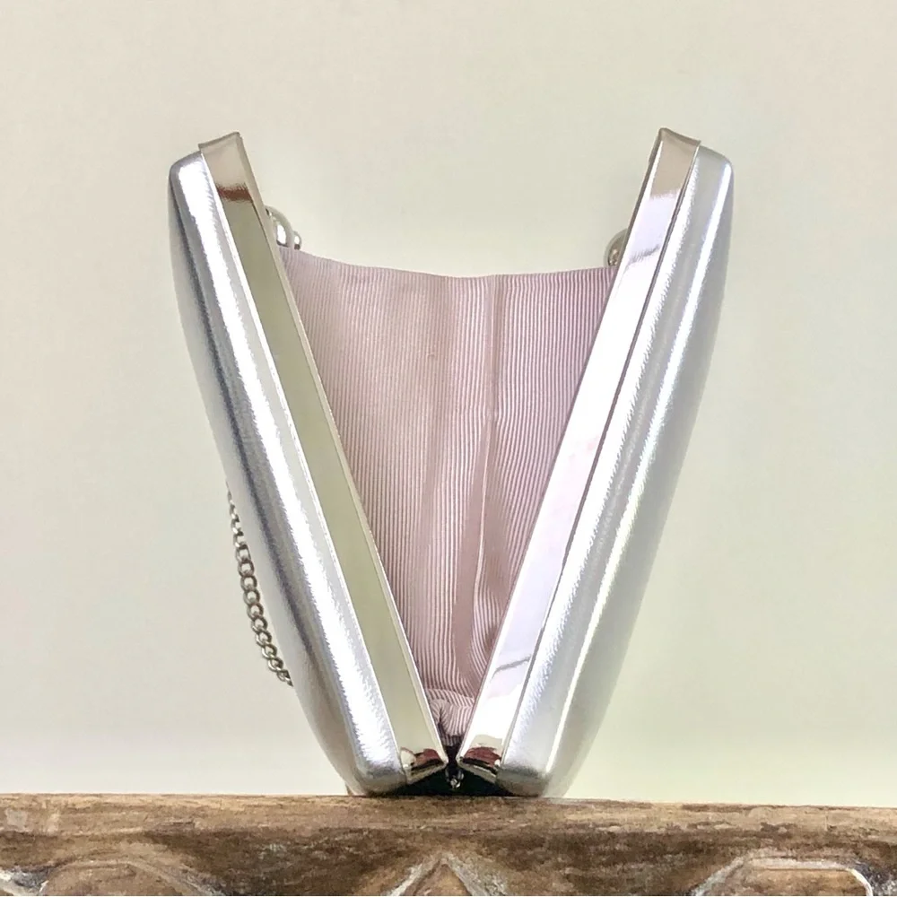 EVER NEW Handbag Silver Pink Clutch Bridal Bridesmaid Wedding Formal Dressy - Picture 5 of 16